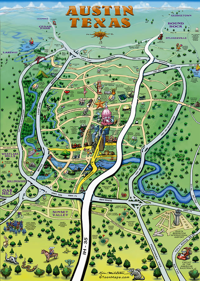 Austin TX Cartoon Map Digital Art by Kevin Middleton
