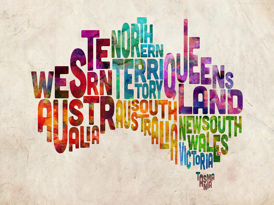 Australia Map Digital Art - Australia Typographic Text Map by Michael Tompsett