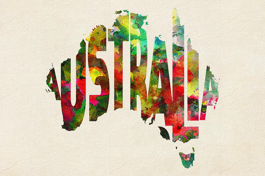 Australia Typographic Watercolor Map Painting by Inspirowl Design