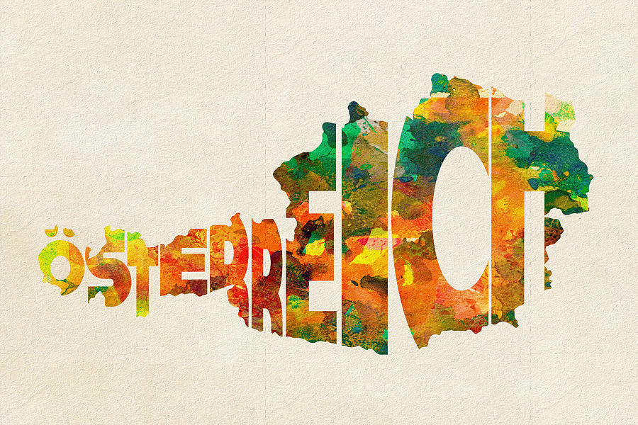 Austria Typographic Watercolor Map Painting by Inspirowl Design