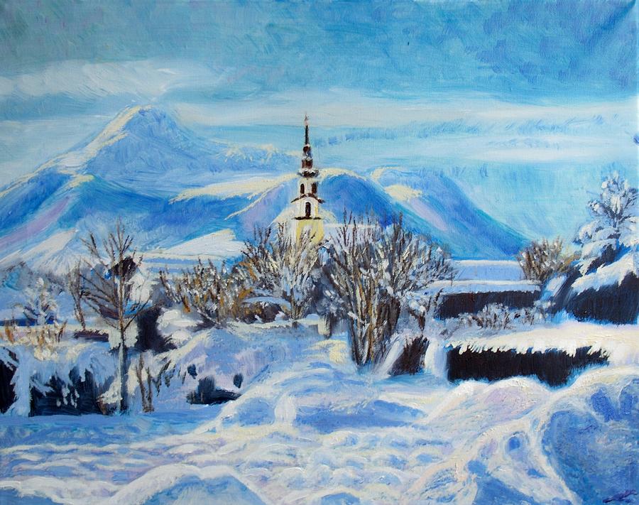 Winter Painting - Austrian village by Elena Sokolova