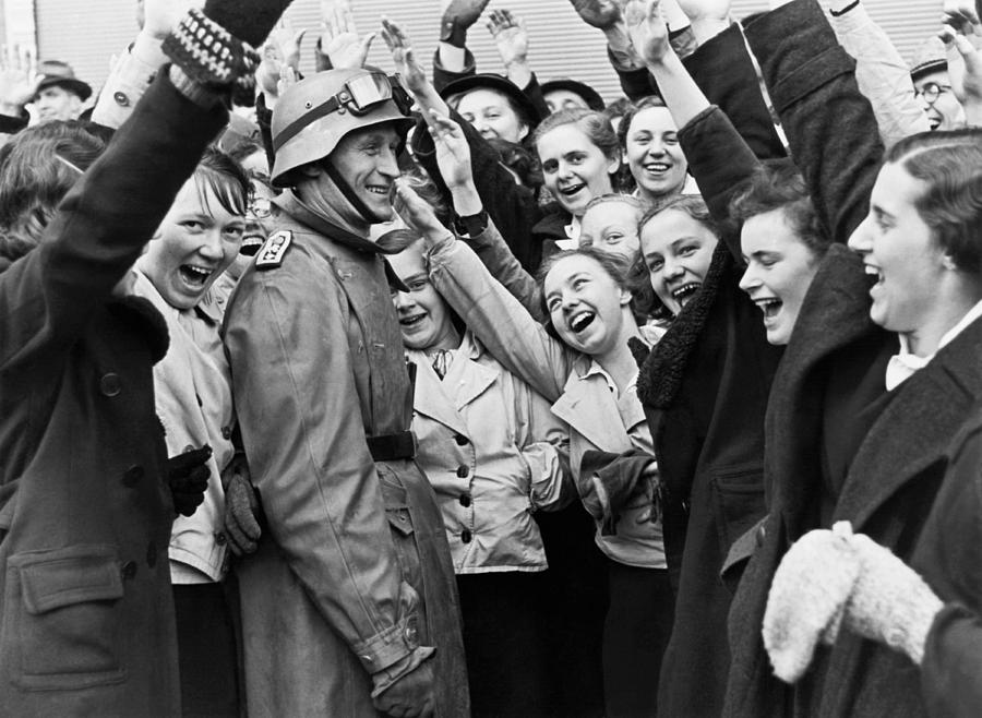 Architecture Photograph - Austrians Cheer Panzer Driver by Underwood Archives