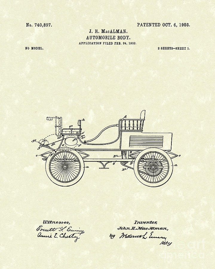 Car Drawing - Auto Body 1903 Patent Art by Prior Art Design