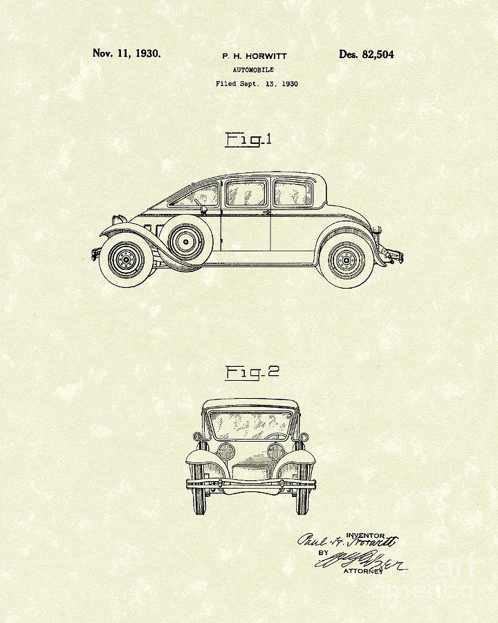Car Drawing - Automobile 1930 Patent Art by Prior Art Design