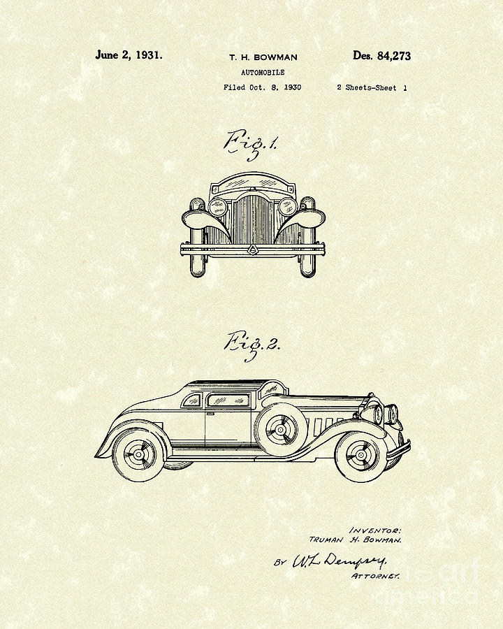 Automobile 1931 Patent Art Drawing by Prior Art Design
