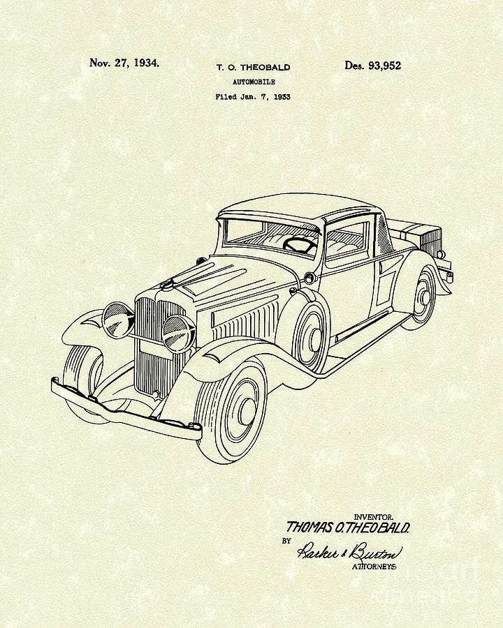 Automobile 1934 Patent Art Drawing by Prior Art Design