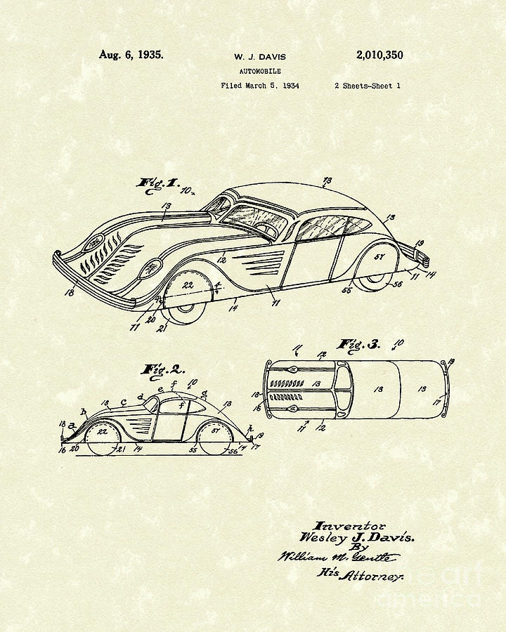 Automobile 1935 Patent Art Drawing by Prior Art Design