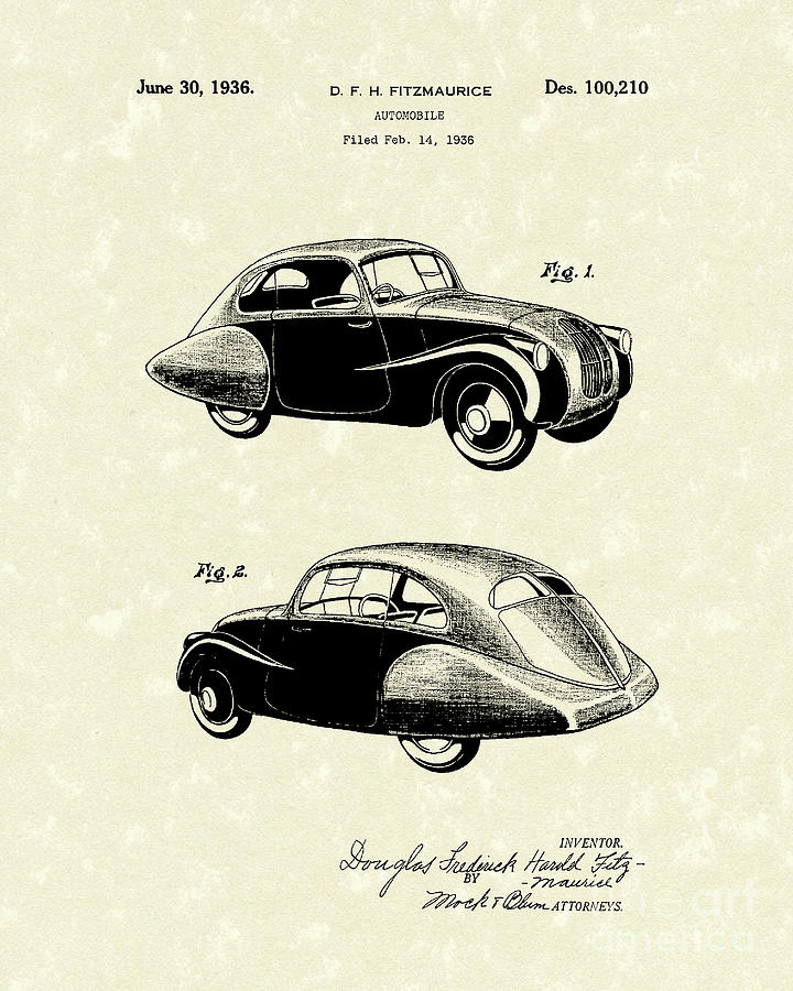 Automobile 1936 Patent Art Drawing by Prior Art Design
