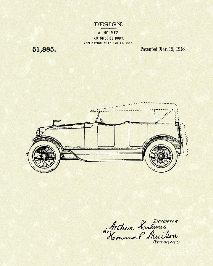 Automobile Body 1918 Patent Art Drawing by Prior Art Design