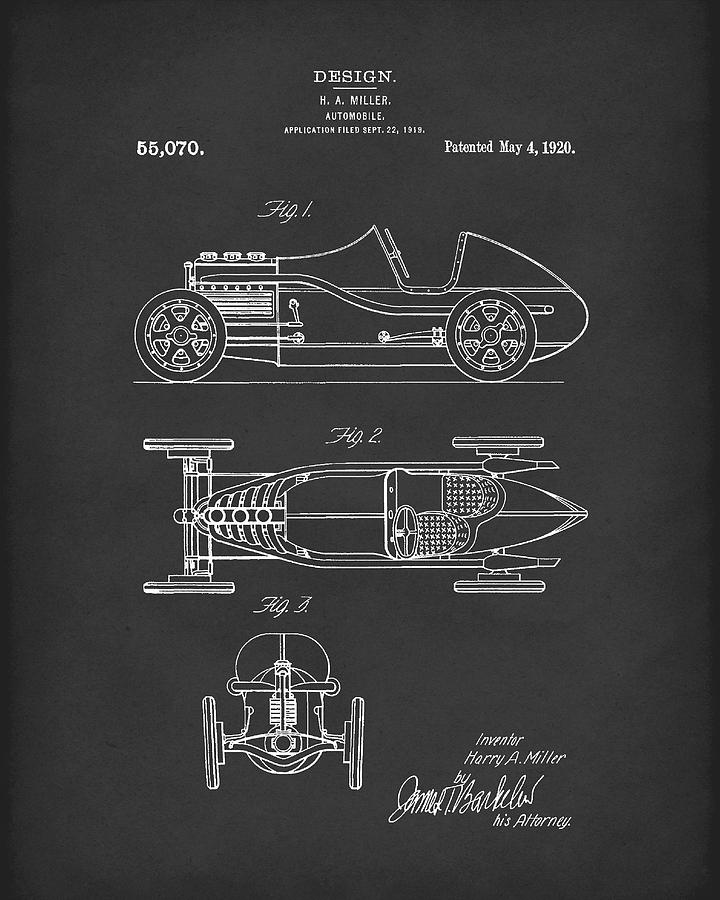 Automobile Miller 1920 Patent Art Black Drawing by Prior Art Design