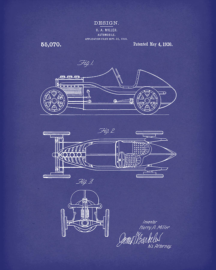 Automobile Miller 1920 Patent Art Blue Drawing by Prior Art Design