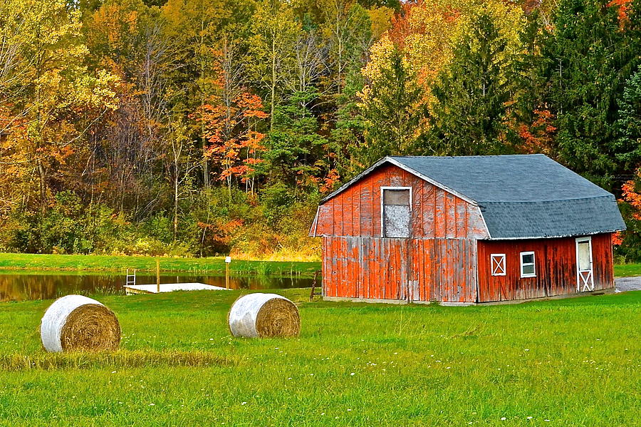 Autumn Barn and Bales of Hay Photograph by Frozen in Time Fine Art Photography