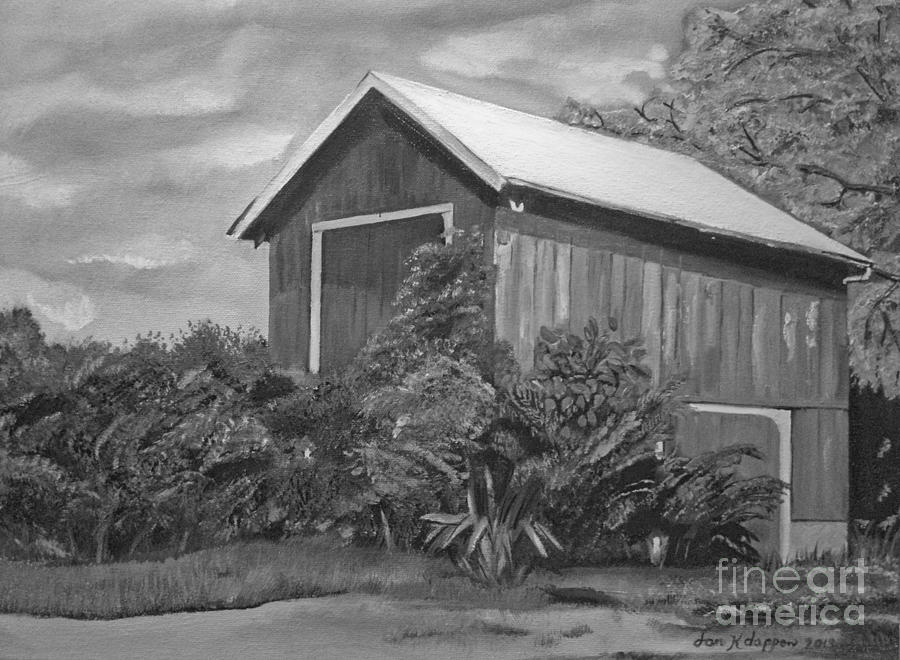 Autumn Barn -Black and White -Signed by Artist Painting by Jan Dappen