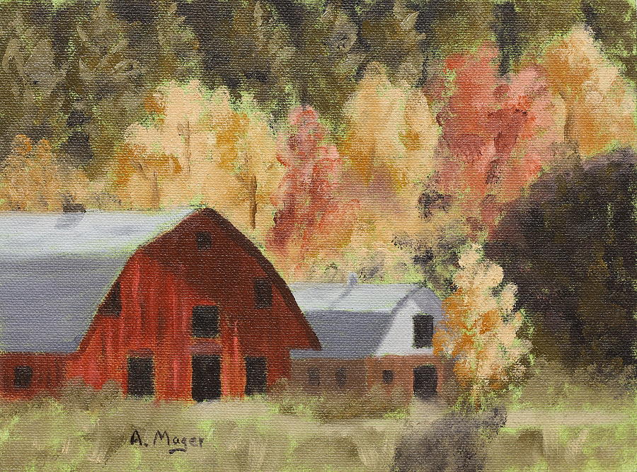 Autumn Barn Duo Painting by Alan Mager