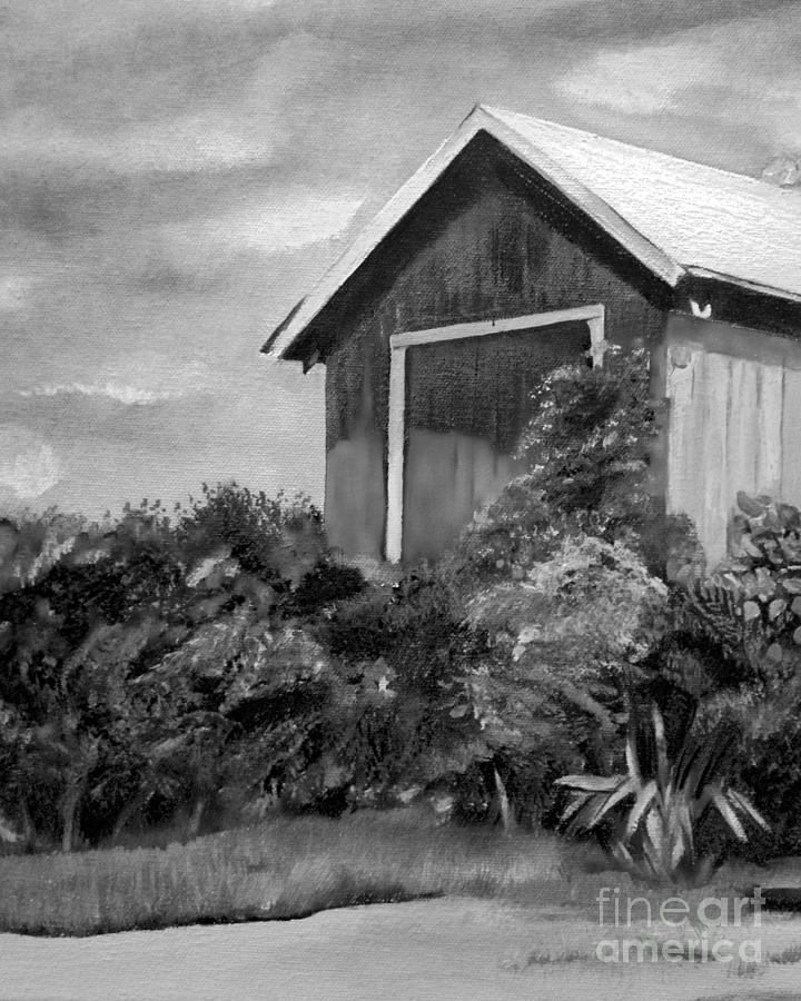 Autumn Barn - Upclose Cropped - Black and White Painting by Jan Dappen
