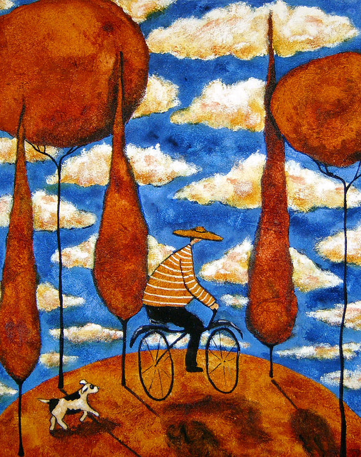 Dog Painting - Autumn Bike Ride Dog Terrier Man Italian Whimsical Folk Debi Hubbs Children Art by Debi Hubbs