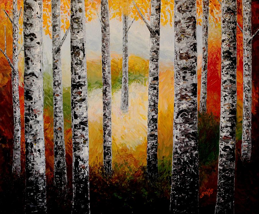 Autumn Birches Forest Scent palette knife painting Painting by Georgeta Blanaru