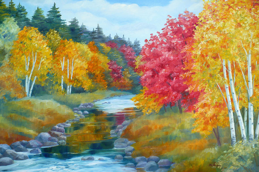 Autumn Blaze with Birch Trees Painting by Janet Zeh