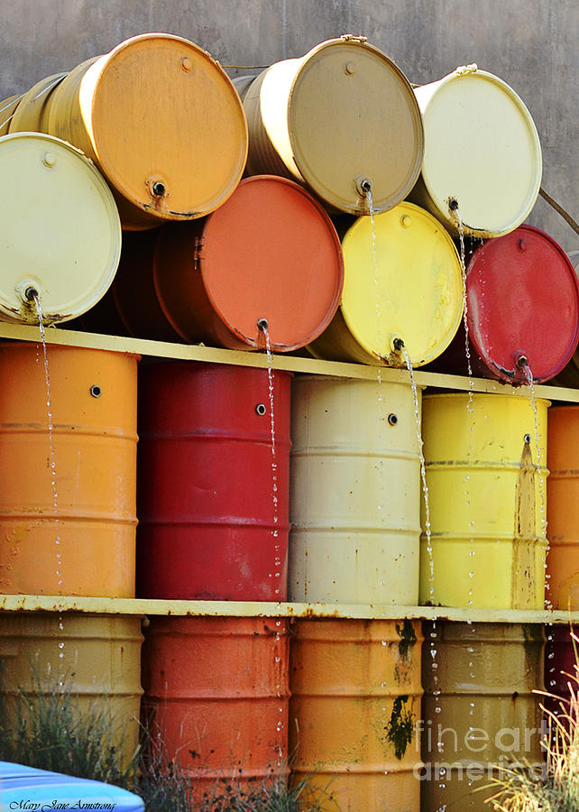 Autumn Colored Water Barrels Photograph by Mary Jane Armstrong