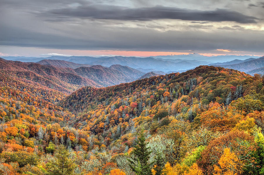 Autumn colors on the Blue Ridge Parkway at sunset Photograph by Pierre