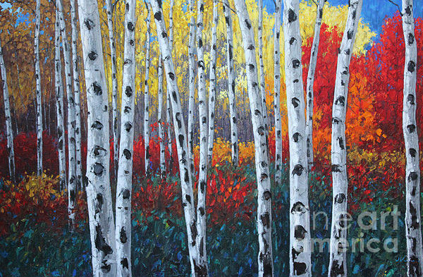 Aspens Painting - Autumn Concerto - Aspen Birchtree Art by Jennifer Vranes