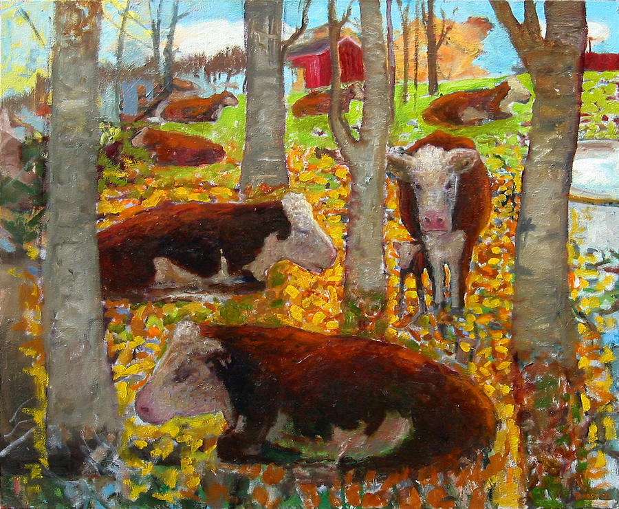 Primary Colors Painting - Autumn Cows by Paul Emory