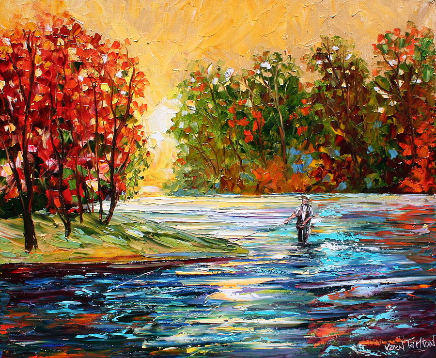 Autumn Fly Fishing Painting by Karen Tarlton