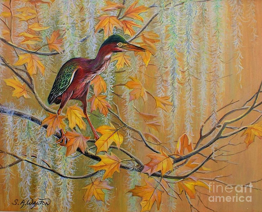 Bird Painting - Autumn Gold - Green Heron  by Susan A Walton