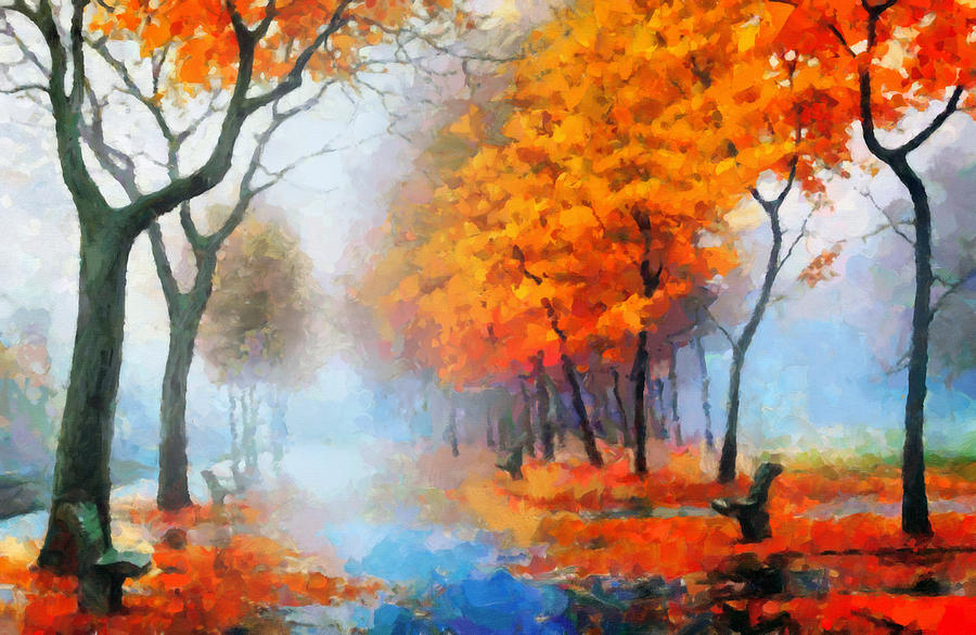 Autumn In The Morning Mist Digital Art