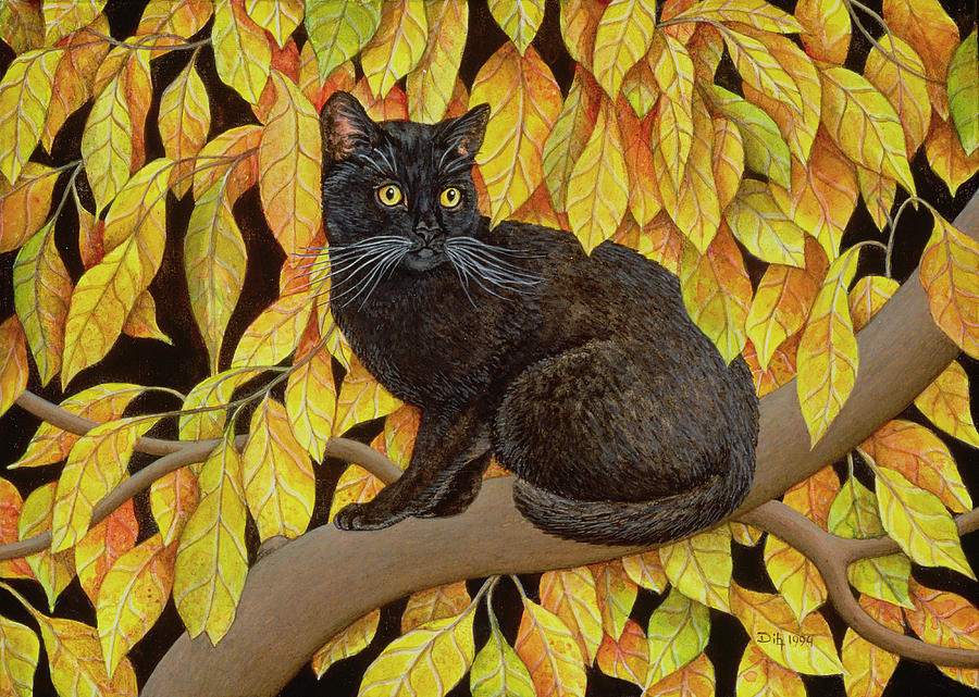 Cat Painting - Autumn Leaves by Ditz