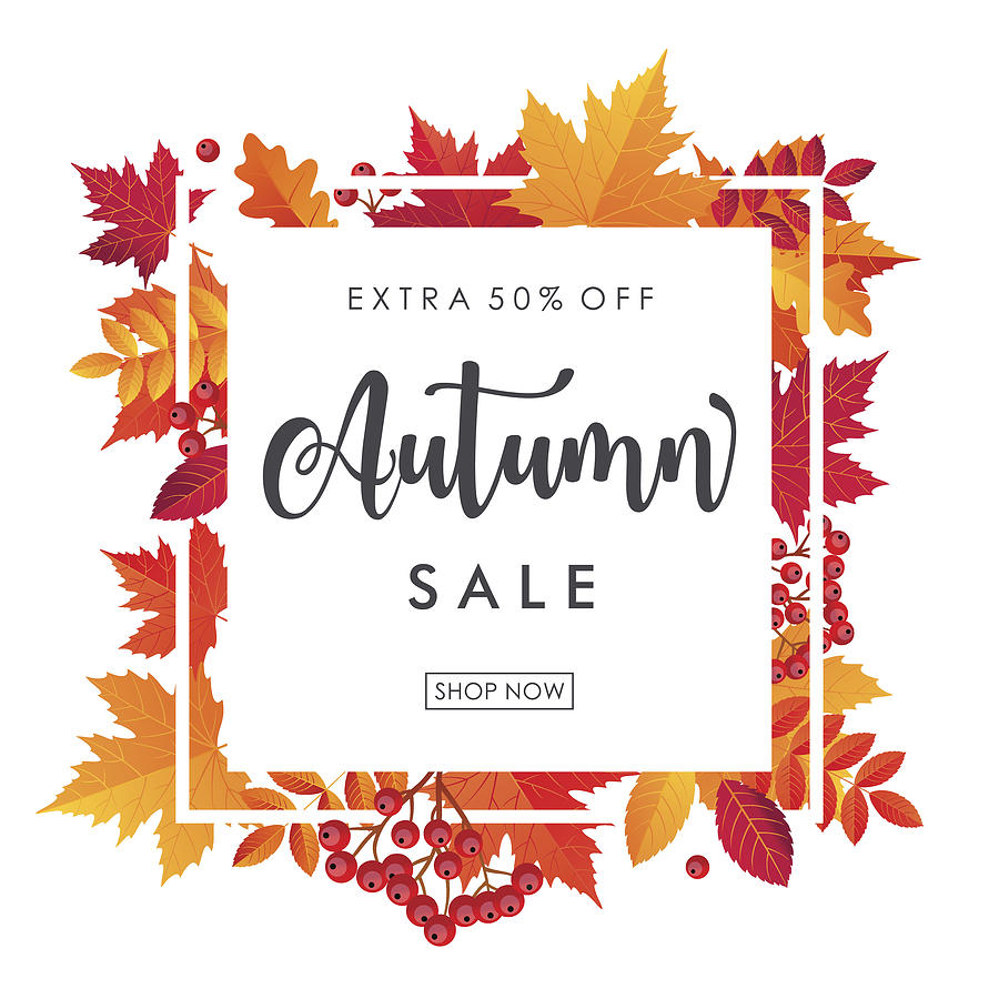 Autumn Leaves Sale Square Frame. Vector illustration template Drawing by Pop_jop