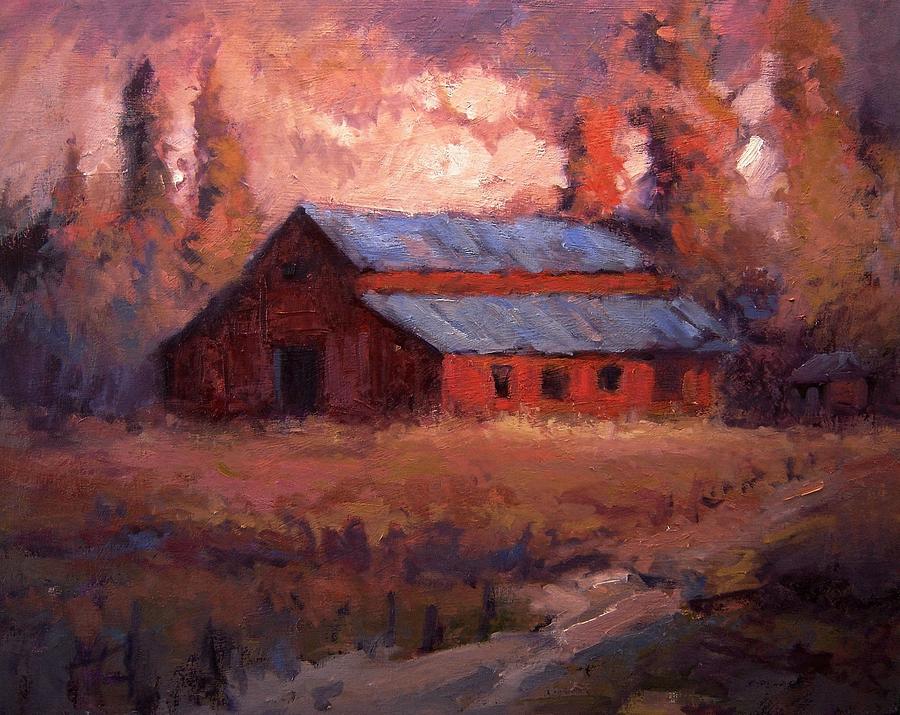 Barn Painting - Autumn light on the old barn by R W Goetting