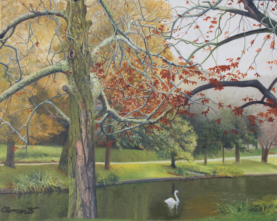 Swan Painting - Autumn on Town Pond by Barbara Barber