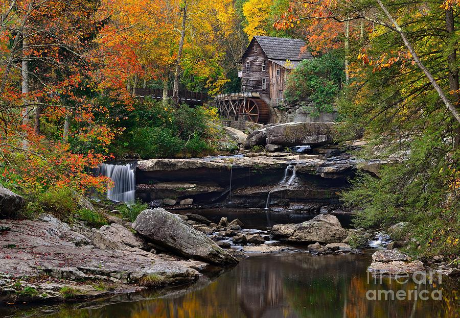 Autumn Foliage at Glade Creek Grist Mill in West Virginia Photograph by Tom Schwabel