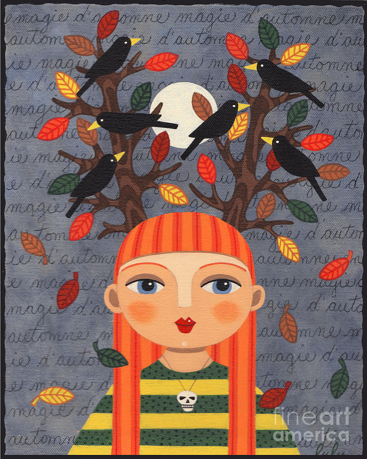 Fall Painting - Autumn Red Head Girl with Fallen Leaves and Crows by Andree Chevrier