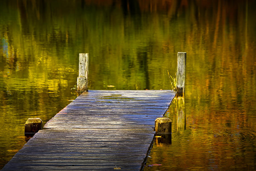 Black And White Photograph - Autumn Reflections and Boat Dock on a Pond near Yankee Springs Michigan by Randall Nyhof