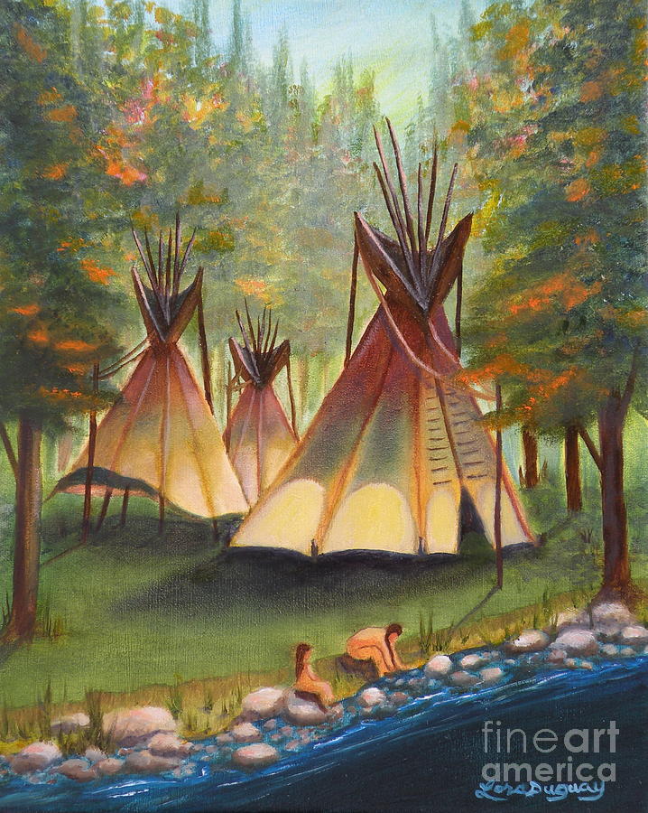 Autumn River Camp Painting by Lora Duguay