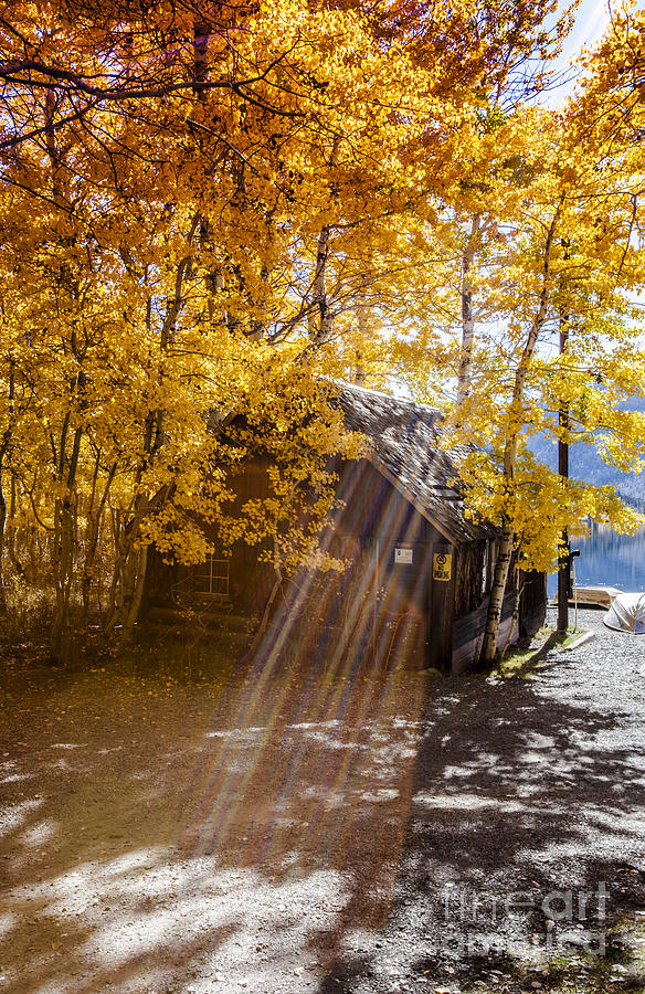 Autumn Sun Rays on Boat House Fine Art Photograph Print Photograph by Jerry Cowart