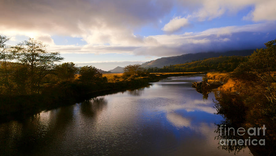 Autumn Sunset Serene Salmon River Oregon Blue Clouds Reflection  Photograph by Jerry Cowart