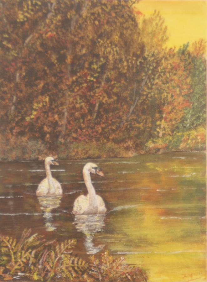 Autumn swans left Painting by David Capon