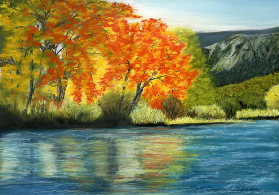 Tree Painting - Autumn Trees by a Mountain Lake by Sarah Dowson