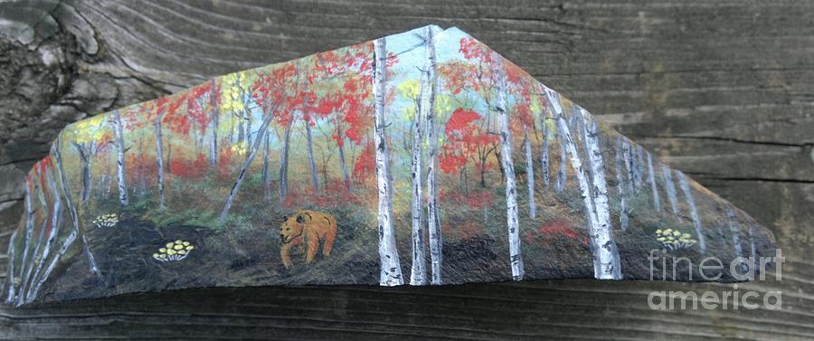 Autumn Trees with Bear Painting by Monika Shepherdson