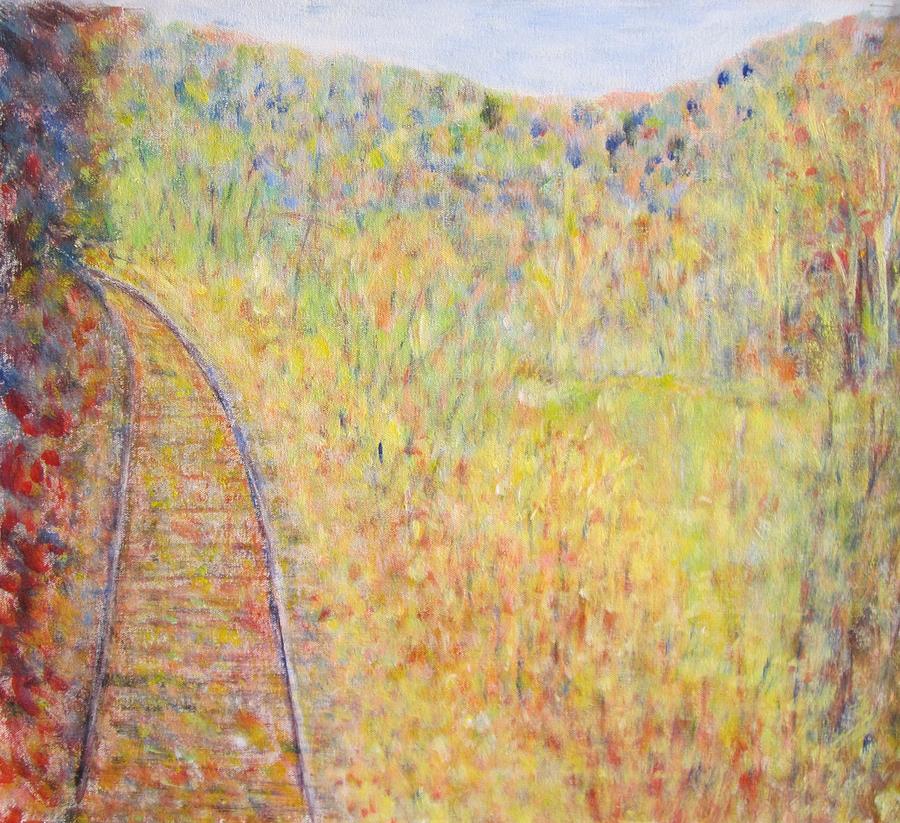 Autumns Maple Leaves and train tracks Painting by Glenda Crigger