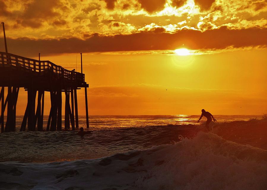 Avon Pier Sunrise Surfer 2 9/08 Photograph by Mark Lemmon