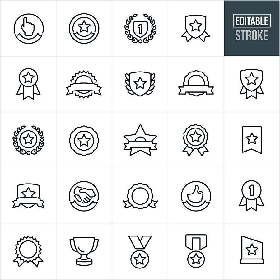 Awards And Ribbons Line Icons - Editable Stroke Drawing by Appleuzr