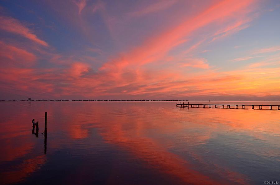 Awesome Fiery Red Clouds At Dusk Reflected On Dead Calm Santa Rosa Sound Photograph