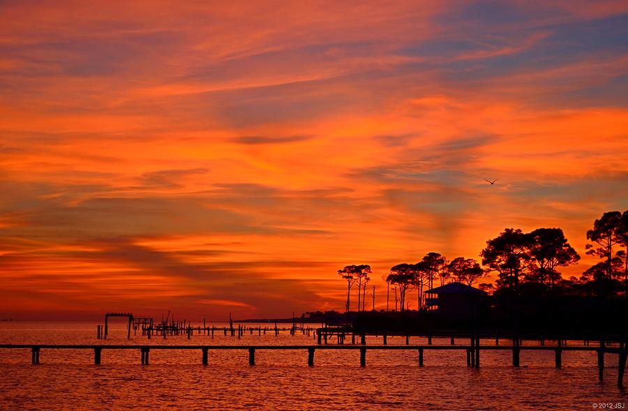 Awesome Fiery Sunset on Sound with Cirrus Clouds and Pines Photograph by Jeff at JSJ Photography