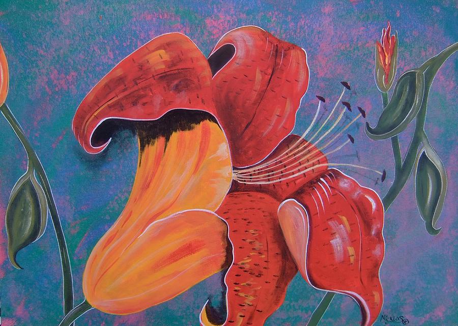 Azure Sky with Red Tiger Lily Painting by Cindy Micklos