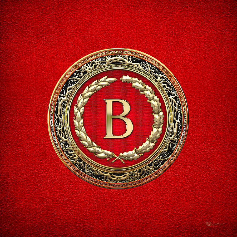 B - Gold Vintage Monogram on Red Leather Digital Art by Serge Averbukh