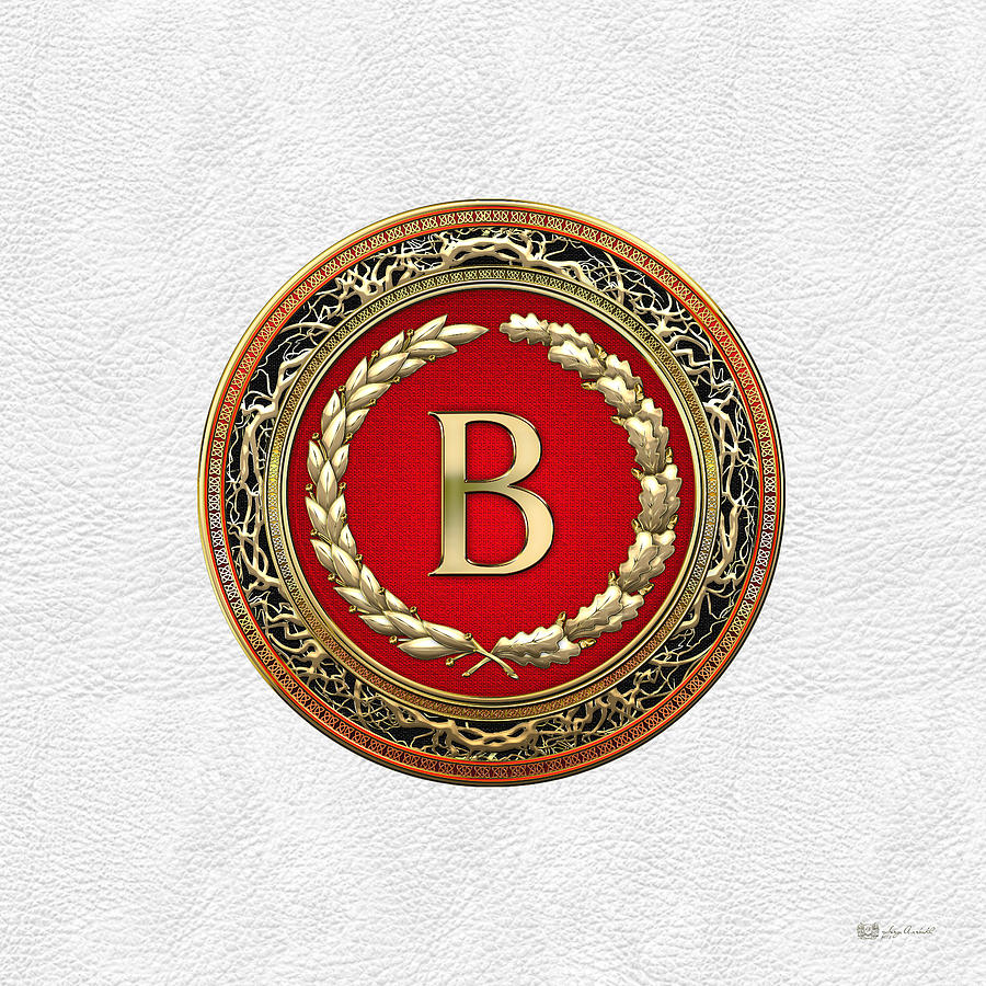 B - Gold Vintage Monogram on White Leather Digital Art by Serge Averbukh